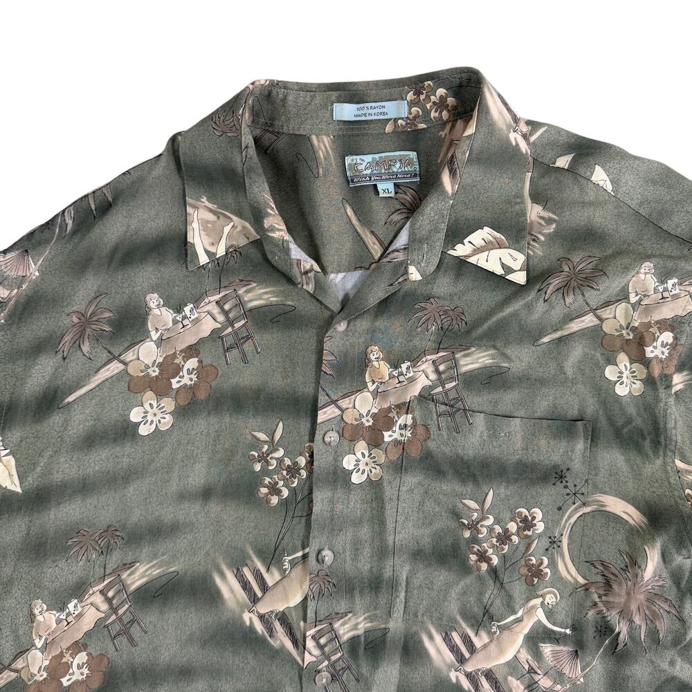 Campia Hawaiian Shirt Mens XL Olive Green Hula Girl Rayon Aloha Camp Button Up